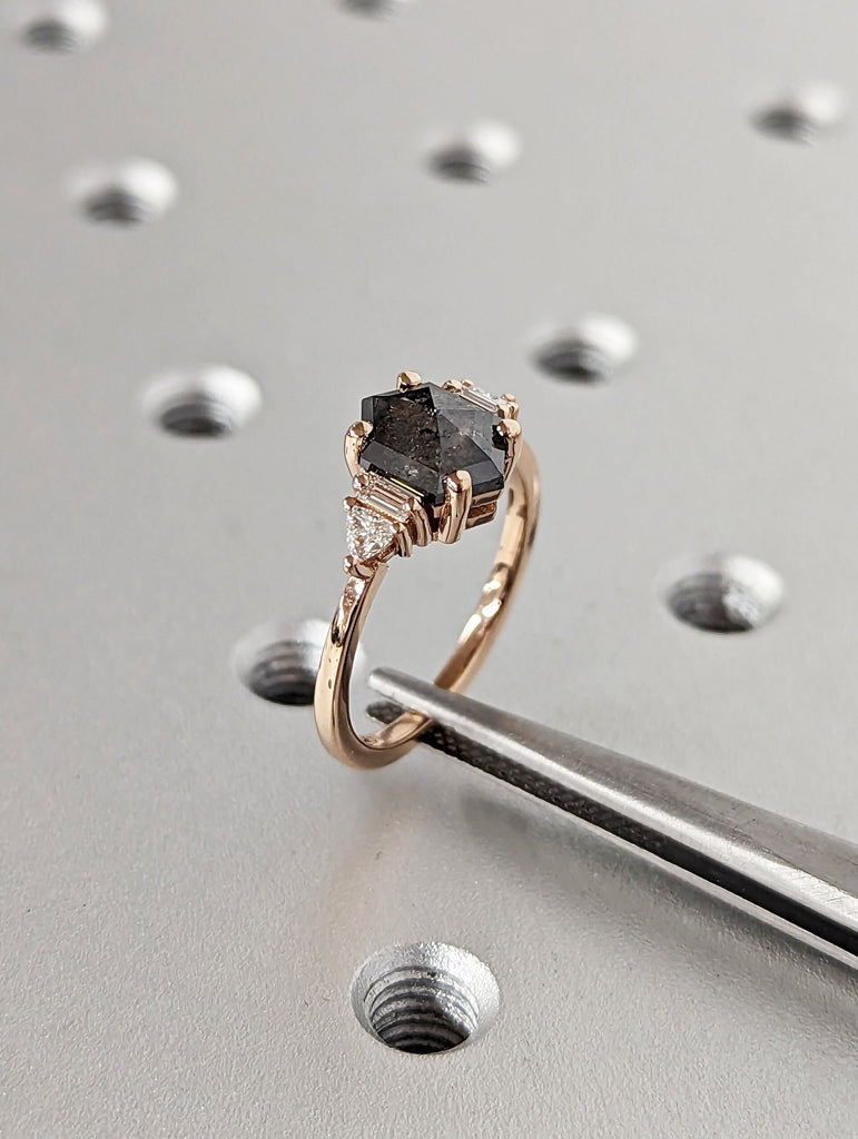 Raw Diamond Hexagon Triangle Diamond, Salt and Pepper, Plain Unique Bridal Engagement Set, Rose Cut Geometric Diamond Ring, Custom Handmade image #4