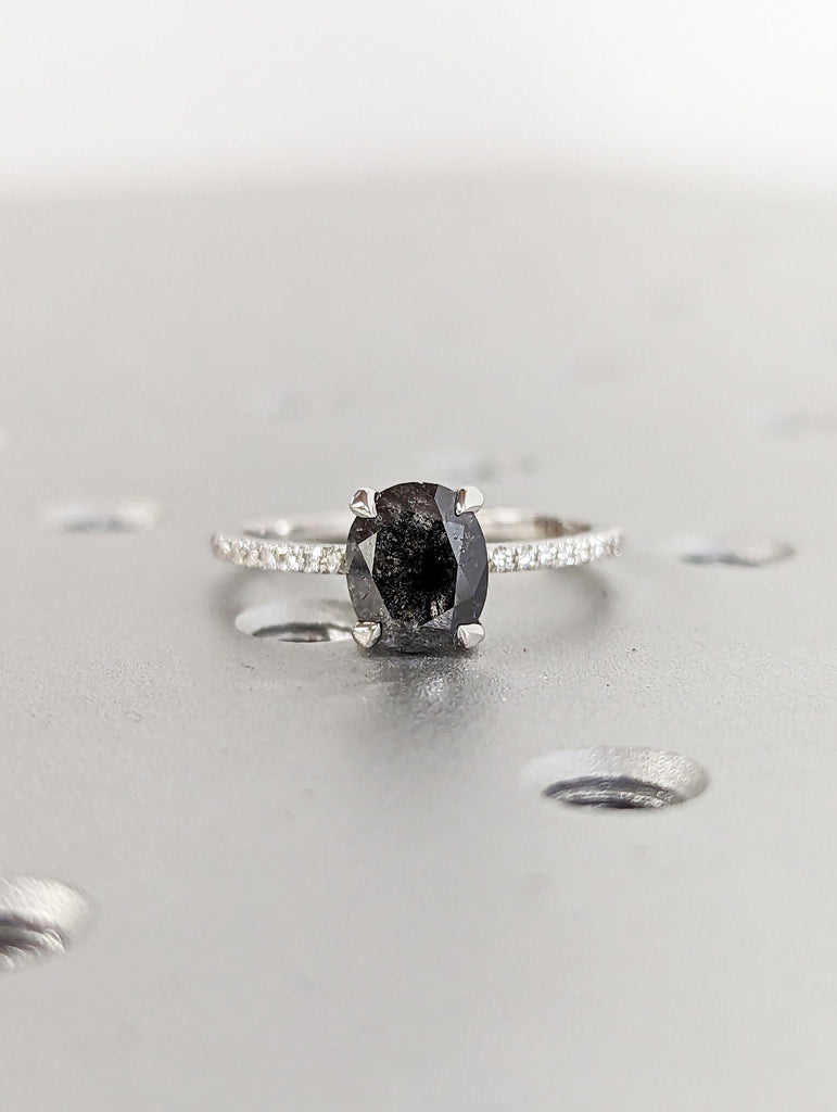 1920's Raw Salt and Pepper Diamond, Oval Diamond Ring, Unique Engagement Bridal Set, Black, Gray Oval, 14k Yellow, Rose, Black or White Gold