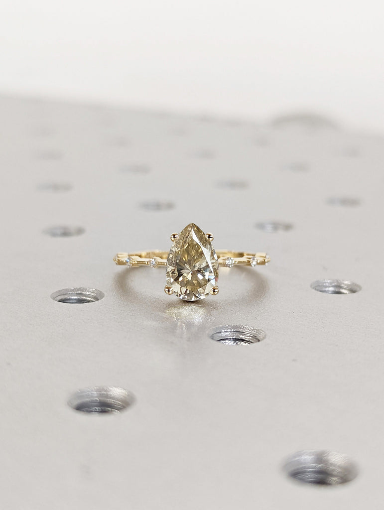 Pear Cut Fancy Color Yellow Moissanite Engagement Ring, Distance Pave Ring, Side Stone Round Cut, Anniversary Gift Ring, Ring For Her