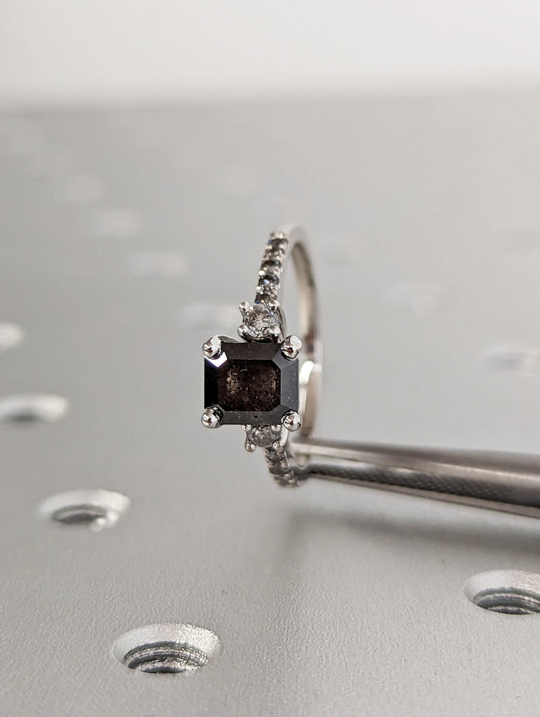 Galaxy Raw Salt and Pepper Diamond Ring- Emerald Cut Diamond Engagement Ring Sets- Unique Bridal Geometric Diamond Promise Ring Set Art Deco