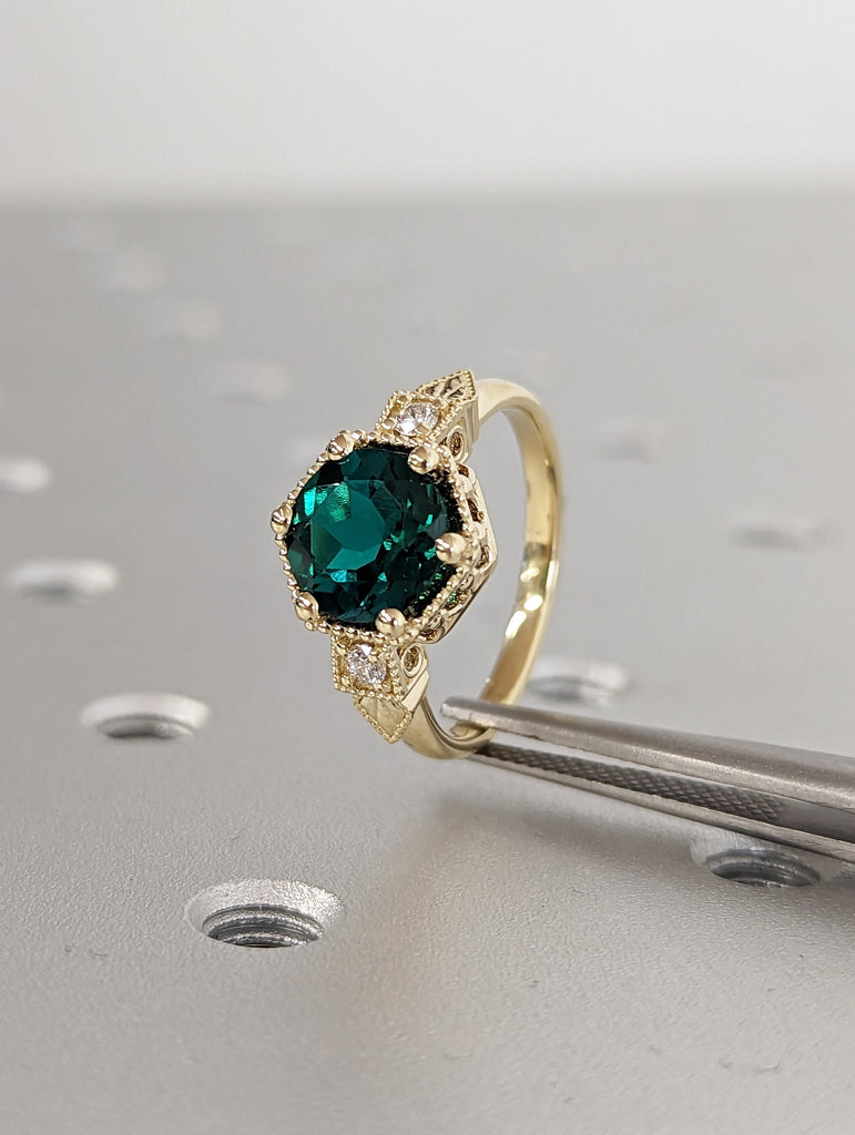 Emerald ring vintage emerald engagement ring 14k yellow gold ring gift unique antique wedding promise anniversary ring for her birthstone image #8