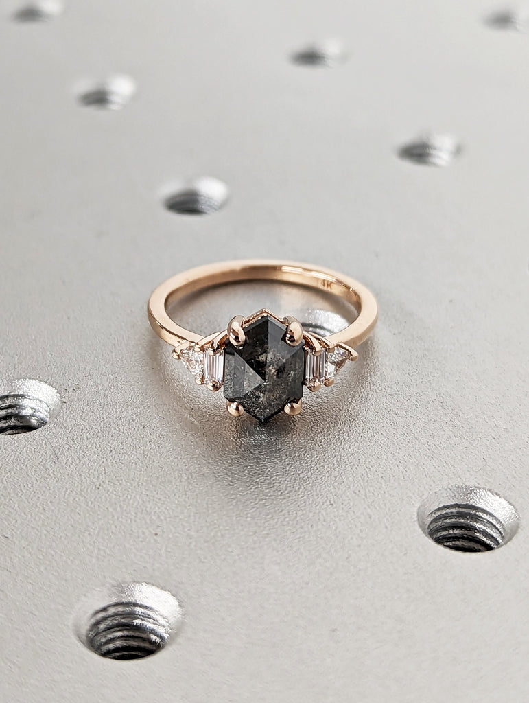 Raw Diamond Hexagon Triangle Diamond, Salt and Pepper, Plain Unique Bridal Engagement Set, Rose Cut Geometric Diamond Ring, Custom Handmade image #2