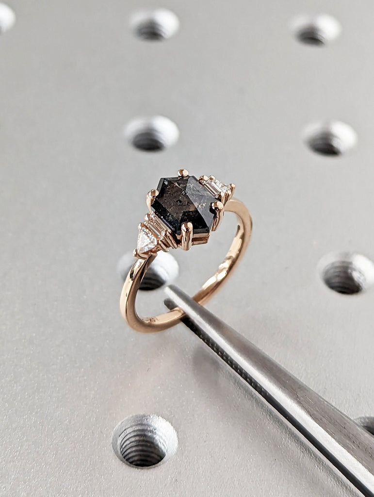 Raw Diamond Hexagon Triangle Diamond, Salt and Pepper, Plain Unique Bridal Engagement Set, Rose Cut Geometric Diamond Ring, Custom Handmade image #5