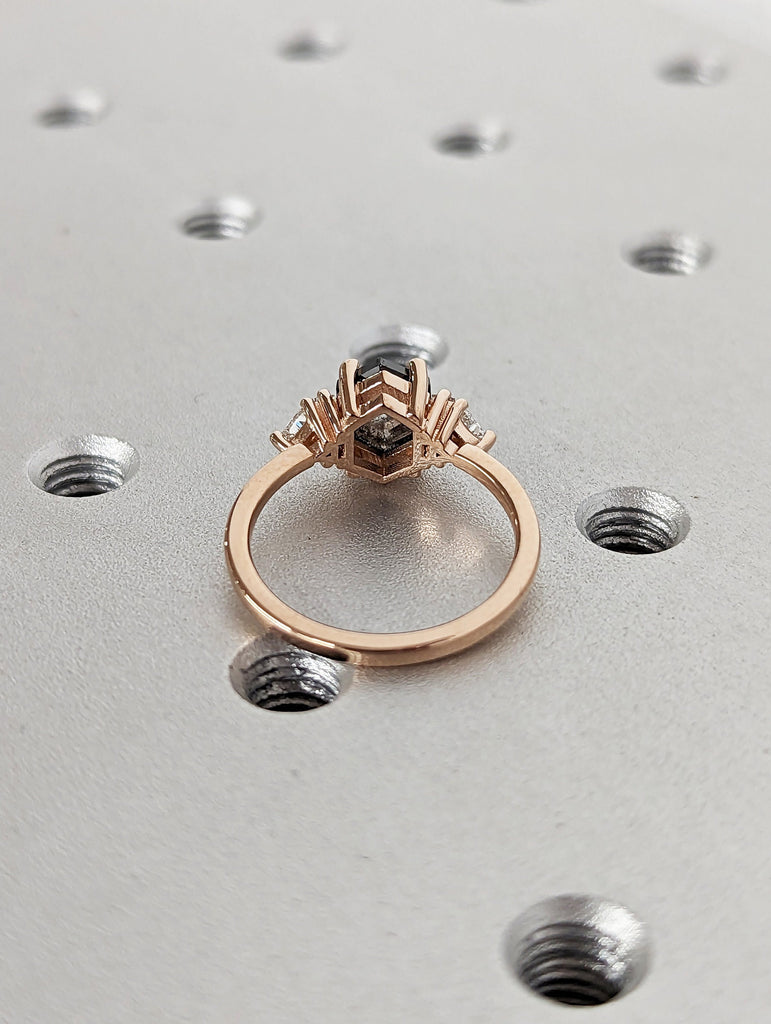 Raw Diamond Hexagon Triangle Diamond, Salt and Pepper, Plain Unique Bridal Engagement Set, Rose Cut Geometric Diamond Ring, Custom Handmade image #3