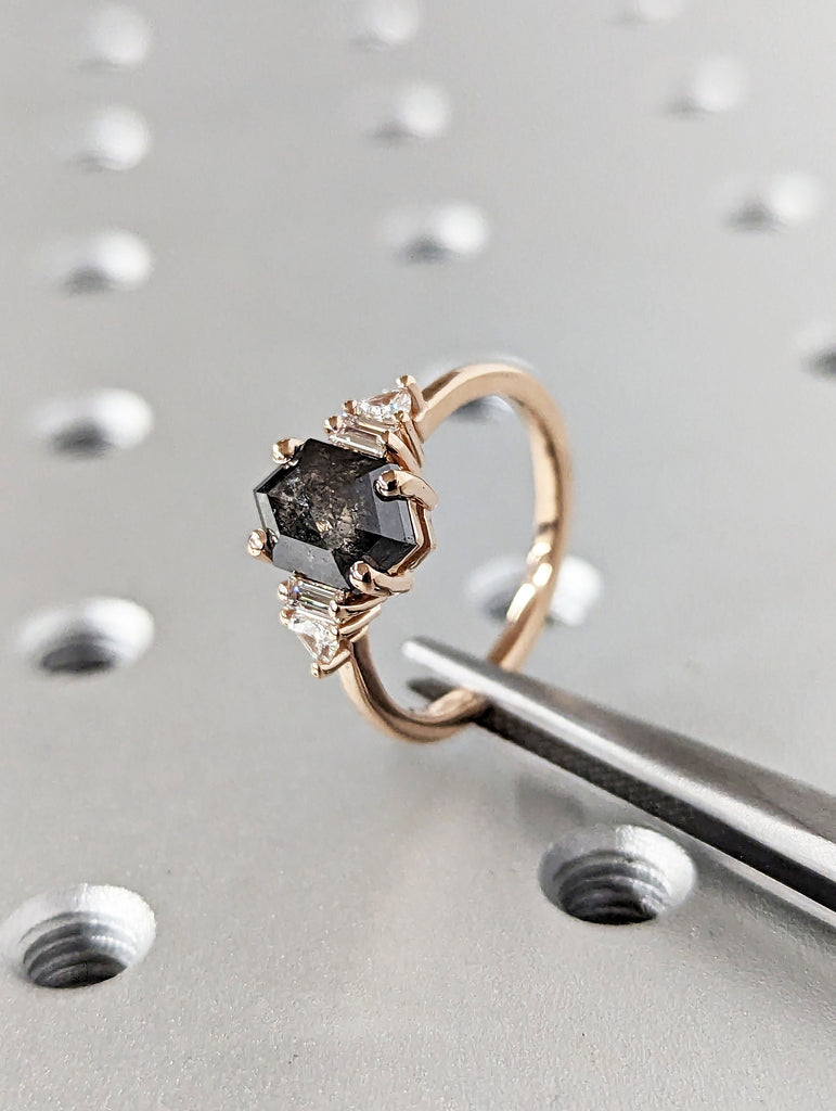 Raw Diamond Hexagon Triangle Diamond, Salt and Pepper, Plain Unique Bridal Engagement Set, Rose Cut Geometric Diamond Ring, Custom Handmade image #7