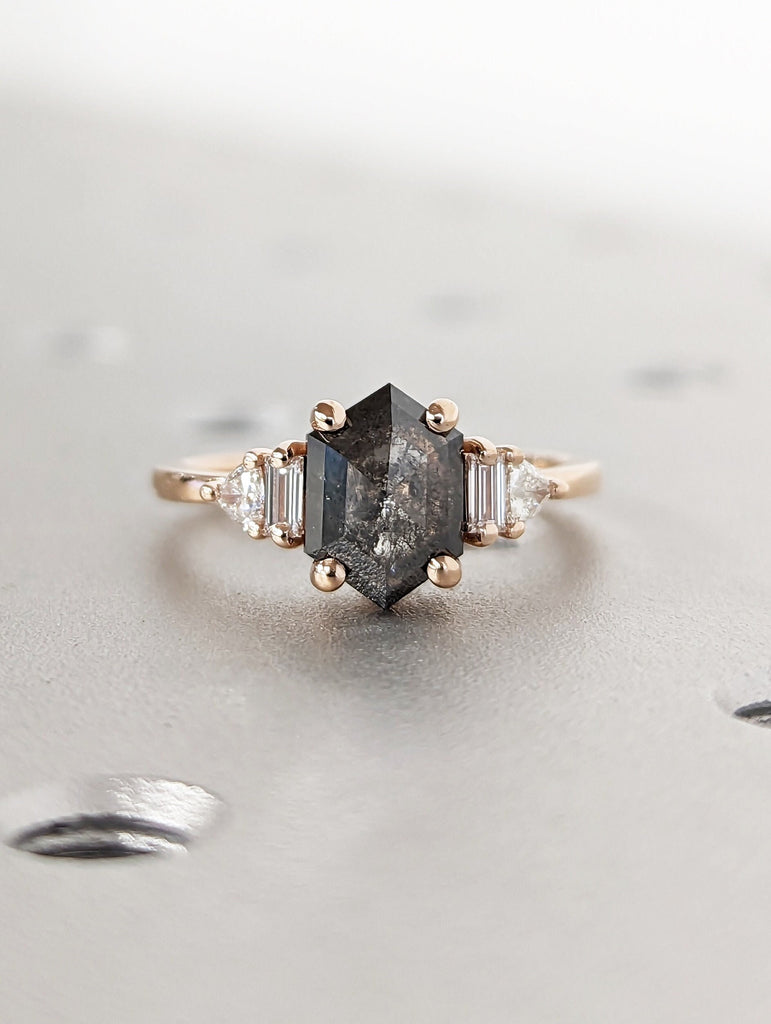 Raw Diamond Hexagon Triangle Diamond, Salt and Pepper, Plain Unique Bridal Engagement Set, Rose Cut Geometric Diamond Ring, Custom Handmade image #1
