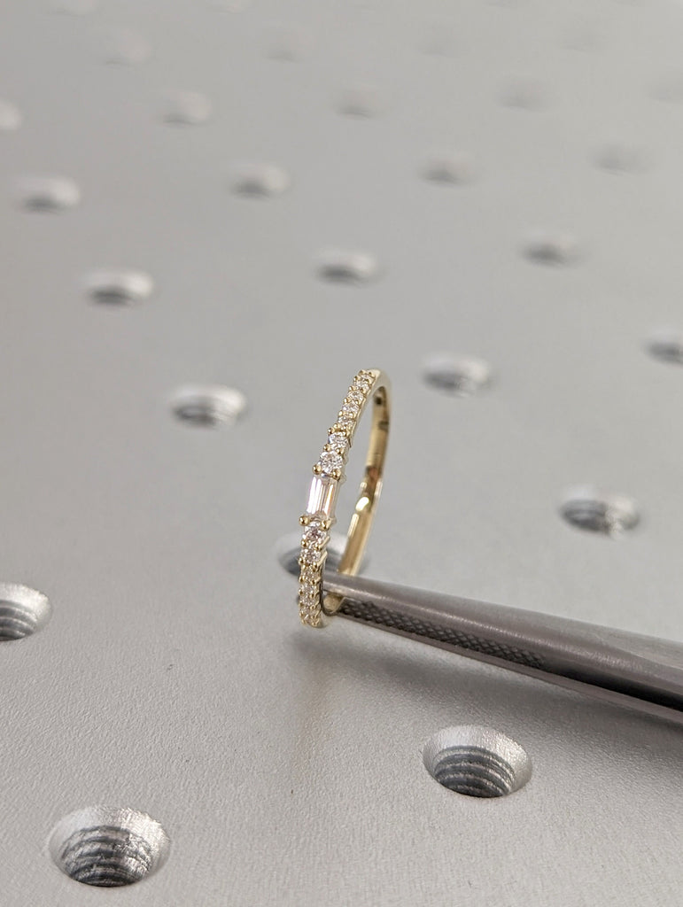 14k Gold Diamond Ring, Baguette and Round Diamonds, Solid Gold Band, Minimalist Engagement, Dainty Ring, 14k Rose, Yellow, White