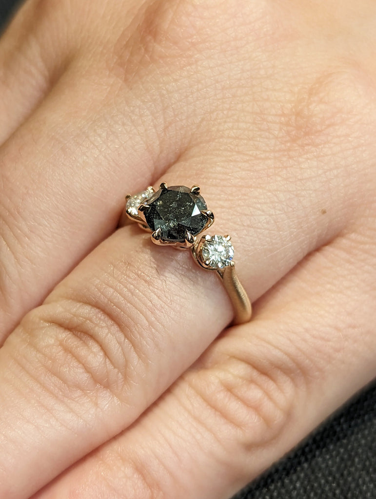 1.5 Carat 1920's Raw Salt and Pepper Diamond, Round Diamond Ring, Unique Engagement Bridal, Black, Gray Pear, 14k Yellow, Rose White Gold