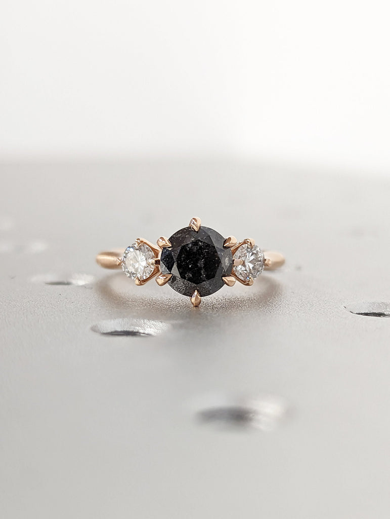 1.5 Carat 1920's Raw Salt and Pepper Diamond, Round Diamond Ring, Unique Engagement Bridal, Black, Gray Pear, 14k Yellow, Rose White Gold