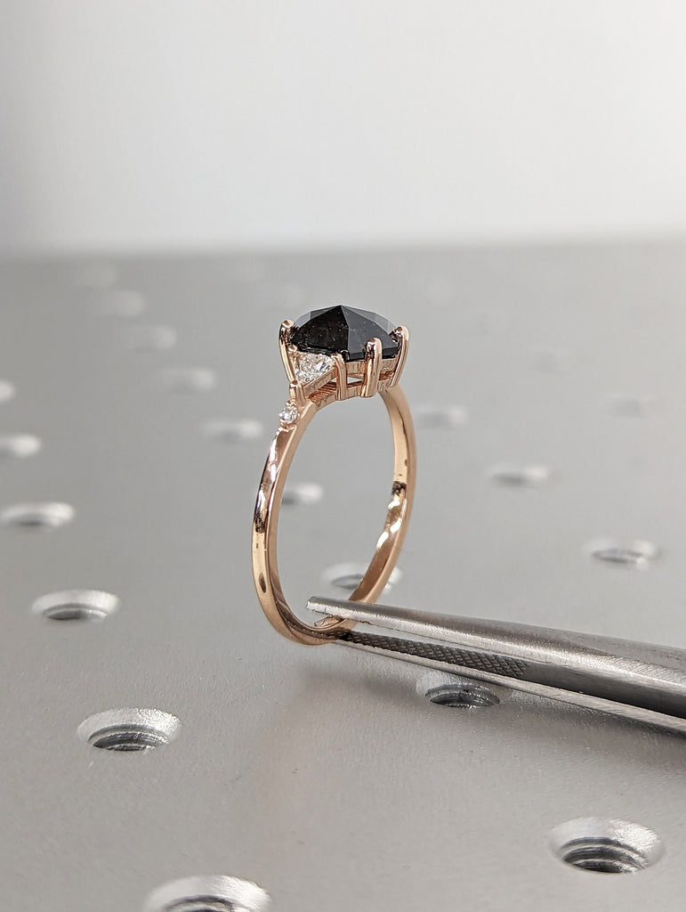 Galaxy Raw Salt and Pepper Diamond Ring- Hexagon Cut Diamond Engagement Rings- Unique Bridal Geometric Diamond Promise Ring Triangle Diamond