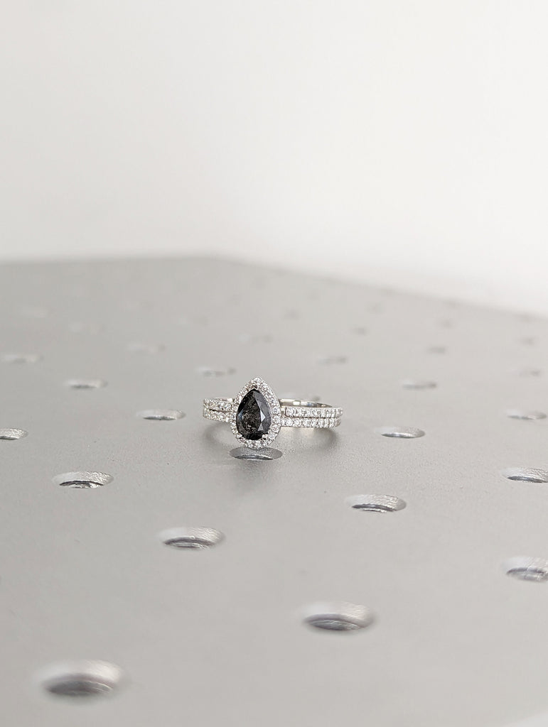 1920's Raw Salt and Pepper Diamond Halo, Pear Diamond Halo Ring, Unique Engagement Bridal Set, Black, Gray Pear, 14k Yellow Rose White Gold