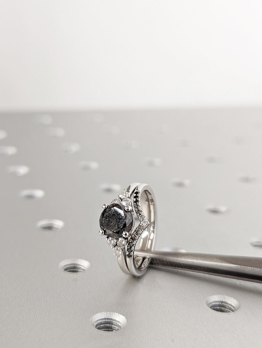 Unique Galaxy Round Cut Salt and Pepper Engagement Ring Set, Seven Sto ...