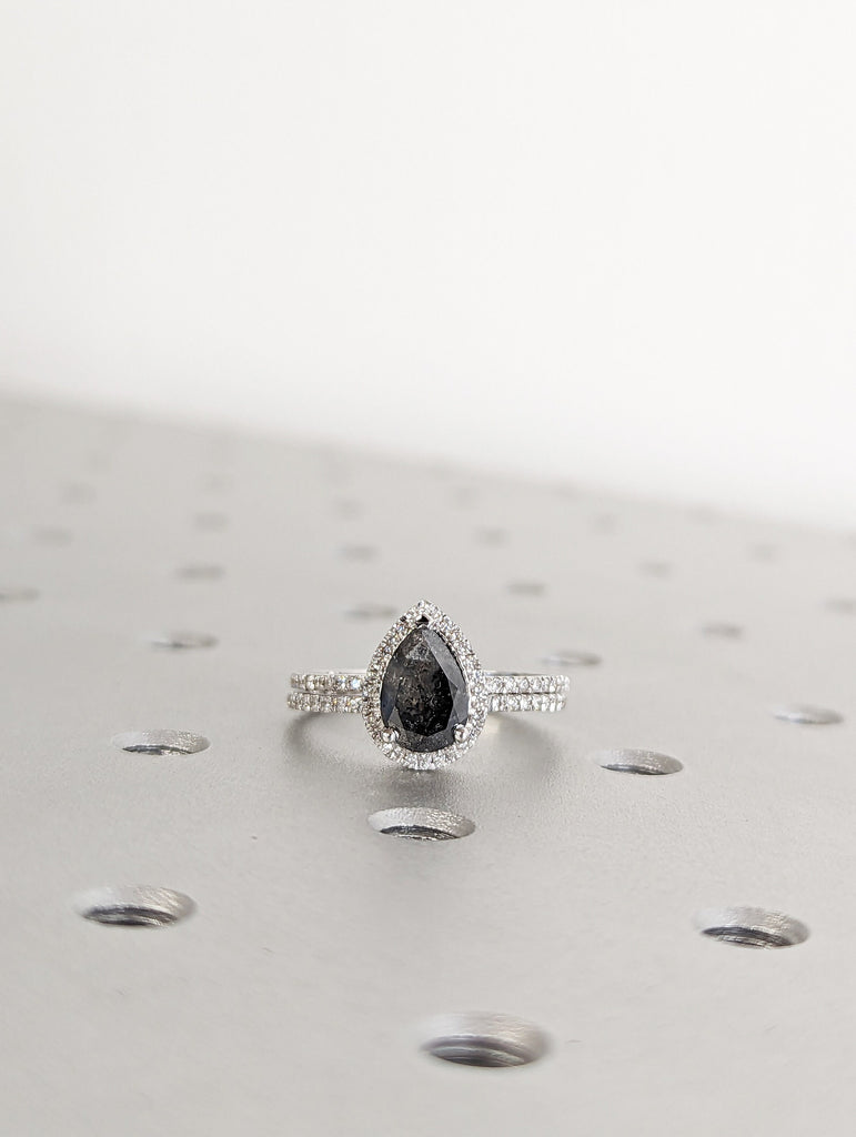 1920's Raw Salt and Pepper Diamond Halo, Pear Diamond Halo Ring, Unique Engagement Bridal Set, Black, Gray Pear, 14k Yellow Rose White Gold