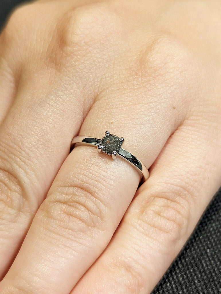 1920's Raw Salt and Pepper Diamond, Rose Cut Cushion Diamond Ring, Unique Engagement, Black, Gray Pear, 14k Yellow, Rose, or White Gold