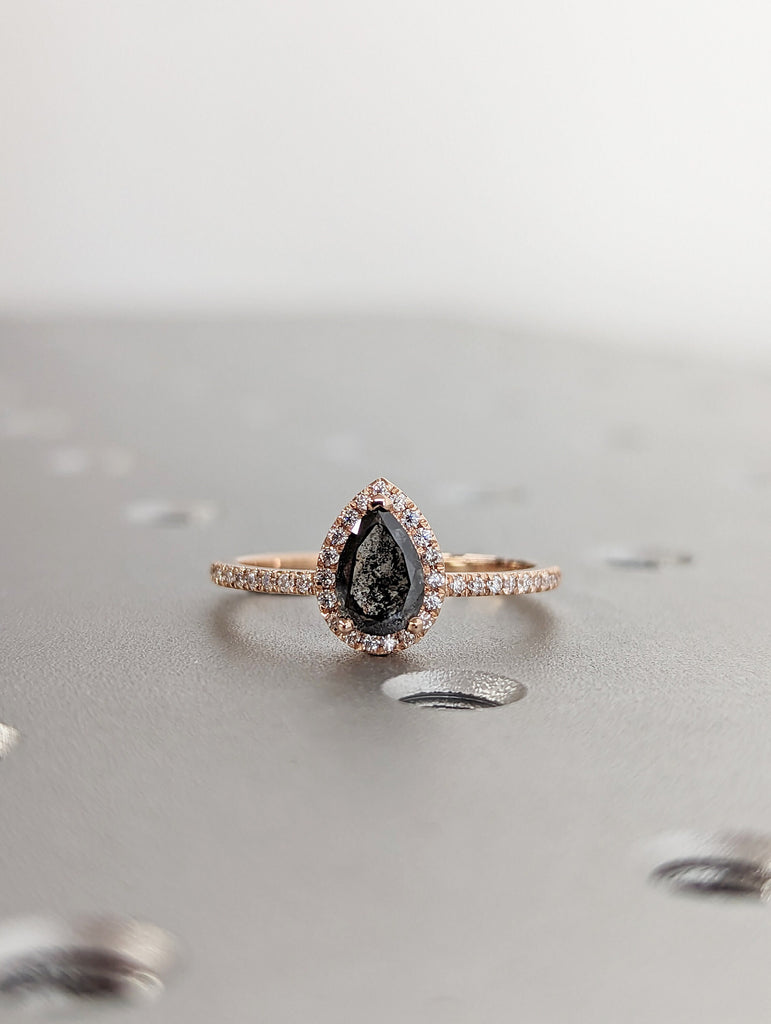 0.5ct Raw Salt and Pepper Diamond Halo, Pear Moissanite Halo Ring, Unique Engagement Bridal Set, Black Gray Pear 14k Yellow Rose White Gold