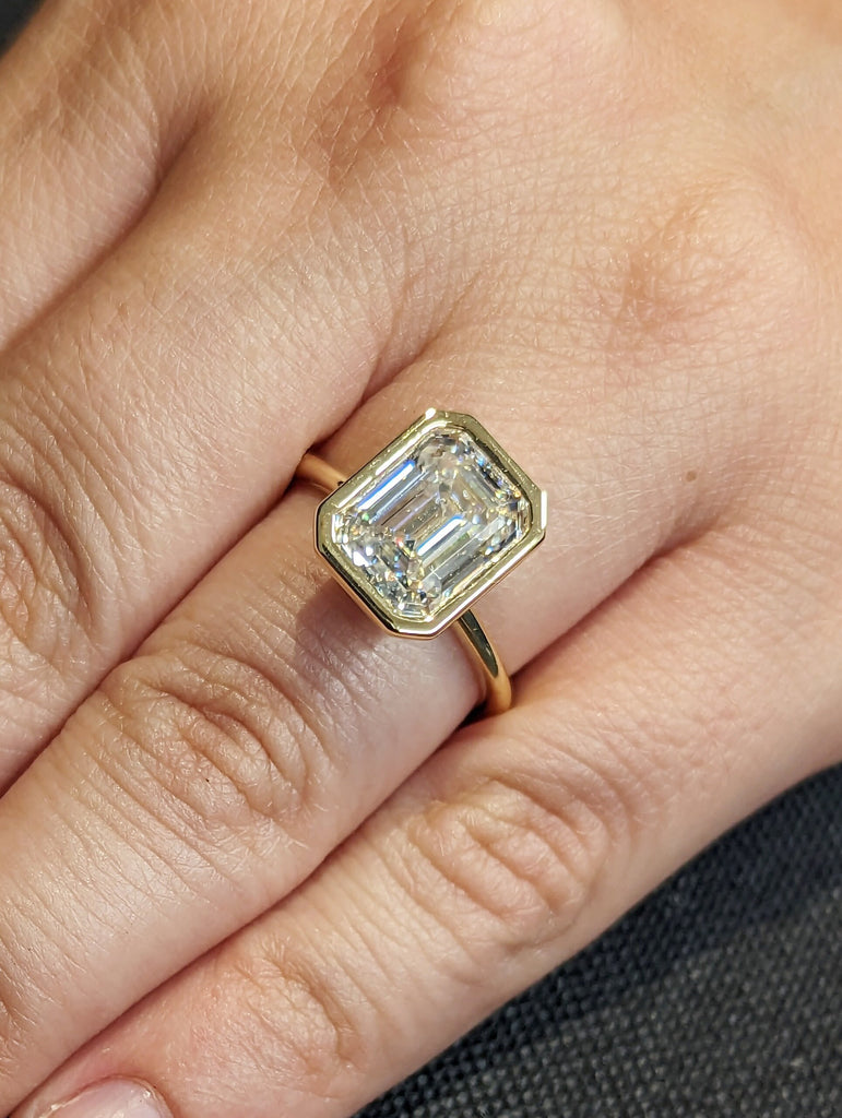 3CT Emerald Cut Moissanite Solitaire Ring, 18K Yellow Gold Engagement Ring, Bezel Setting, Statement Ring, Gift For Her, Bridal Set, Vintage