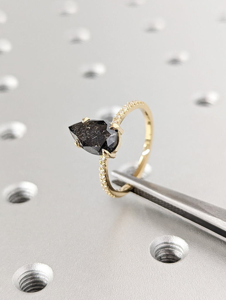 2 Carat 1920's Raw Salt and Pepper Diamond, Pear Diamond Ring, Unique Engagement Bridal Set, Black, Gray Pear, 18k Yellow, Rose, White Gold