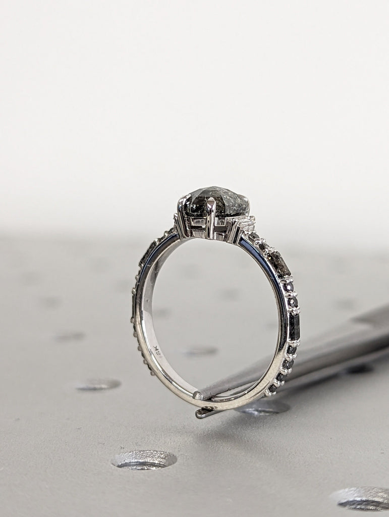 2ct Salt and Pepper Diamond 18K White Gold Engagement Ring | Unique Diamond Band | Rose Cut Geometric Ring | Luxury Anniversary Gift for Her