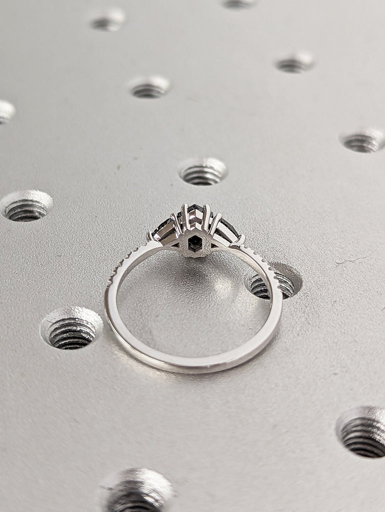 0.5ct Hexagon Triangle Salt and Pepper Diamond 14K White Gold Proposal Ring | Unique Rose Cut Engagement Ring | Elegant Anniversary Gift