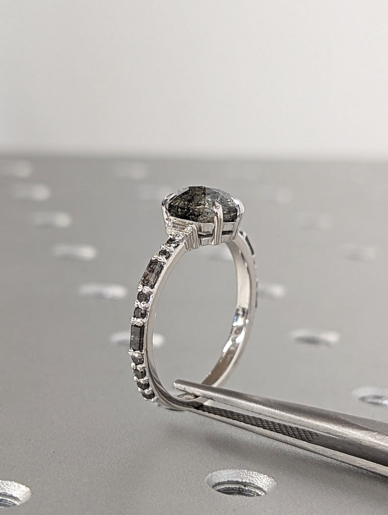 2ct Salt and Pepper Diamond 18K White Gold Engagement Ring | Unique Diamond Band | Rose Cut Geometric Ring | Luxury Anniversary Gift for Her