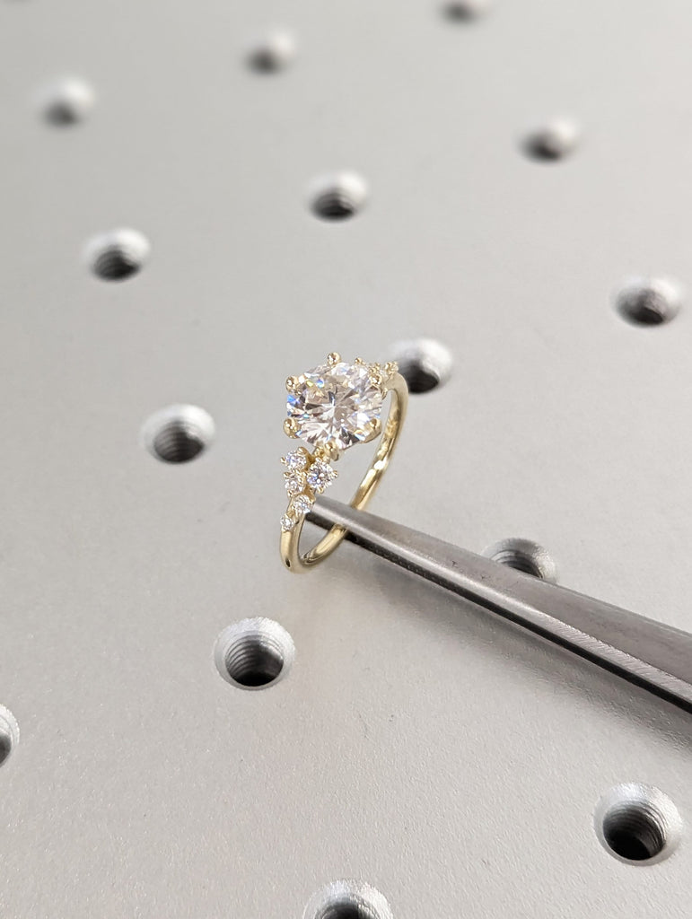 1.5ct Round Moissanite Engagement Ring in 14K Yellow Gold | Unique Snowdrift 6 prong Diamond Cluster Proposal Ring | Wedding Ring for Women