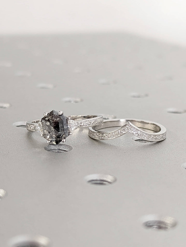 Raw Diamond Hexagon Triangle Moissanite, Salt and Pepper, Plain Unique Bridal Engagement Set, Rose Cut Geometric Diamond, Custom Handmade