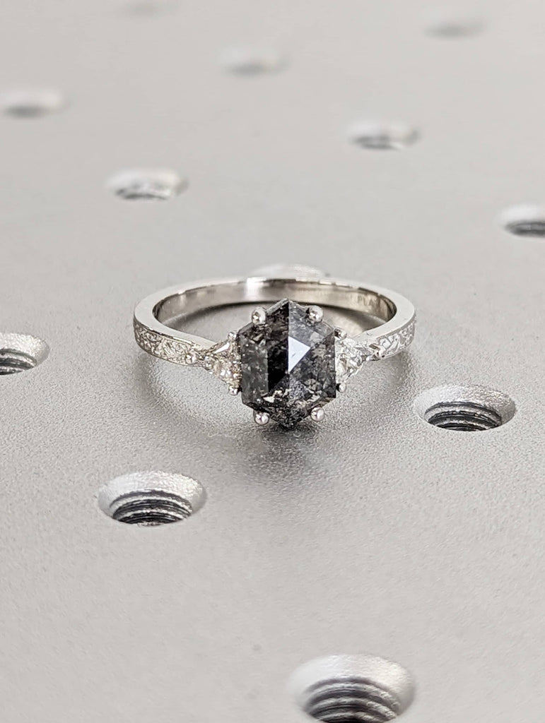 Raw Diamond Hexagon Triangle Diamond, Salt and Pepper, Plain Unique Bridal Engagement Set, Rose Cut Geometric Diamond Ring, Custom Handmade image #4