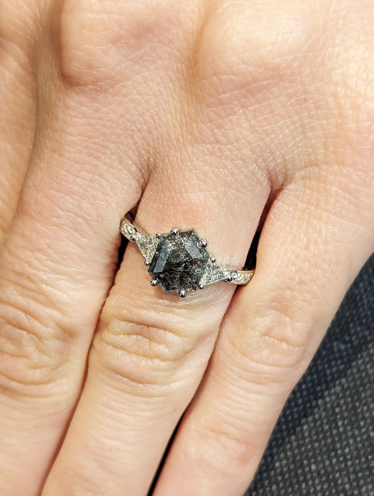 Raw Diamond Hexagon Triangle Diamond, Salt and Pepper, Plain Unique Bridal Engagement Set, Rose Cut Geometric Diamond Ring, Custom Handmade image #7