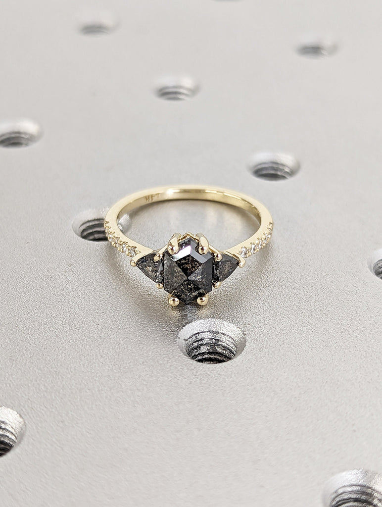 Raw Diamond Hexagon Triangle Diamond, Salt and Pepper, Unique Engagement Ring, Rose Cut Geometric Diamond Ring, 14k Gold, Custom Handmade