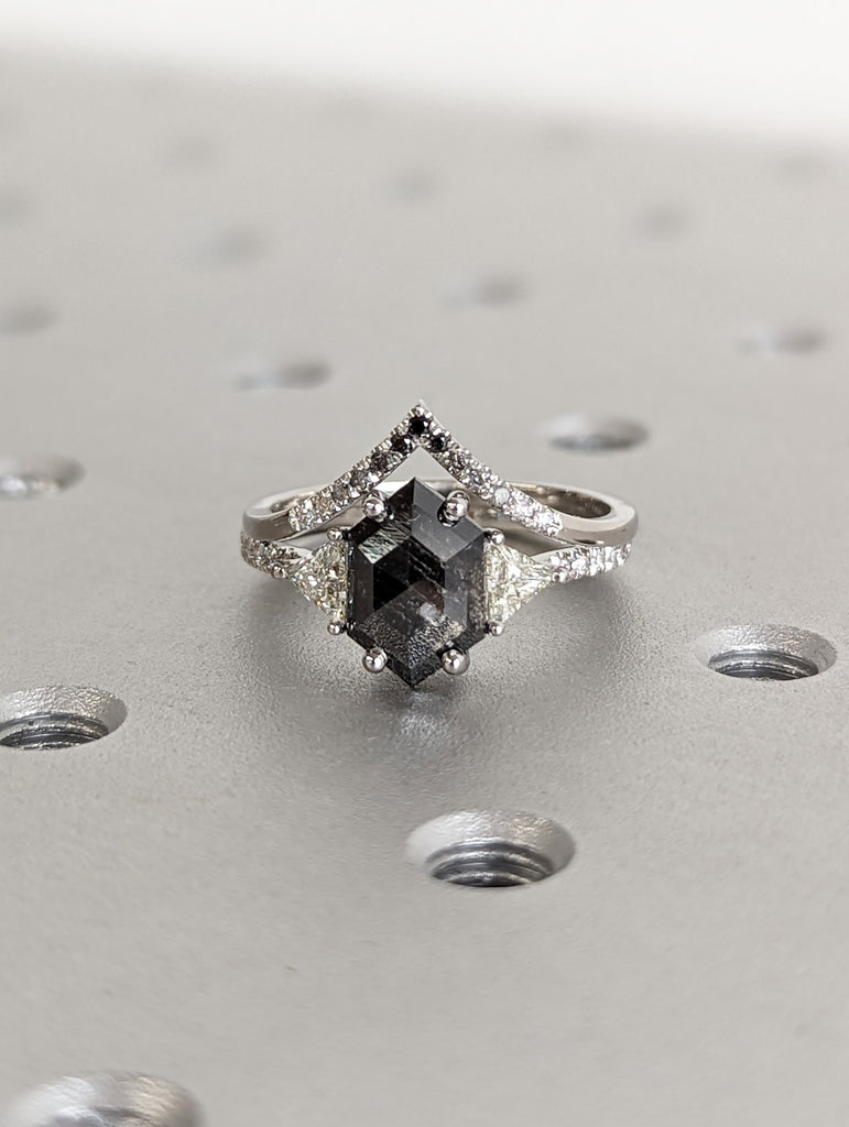 Timeless 1.75ct Hexagon Salt and Pepper Diamond Engagement Ring Set | Platinum Jewellery | Dainty Chevron Diamond Wedding Band