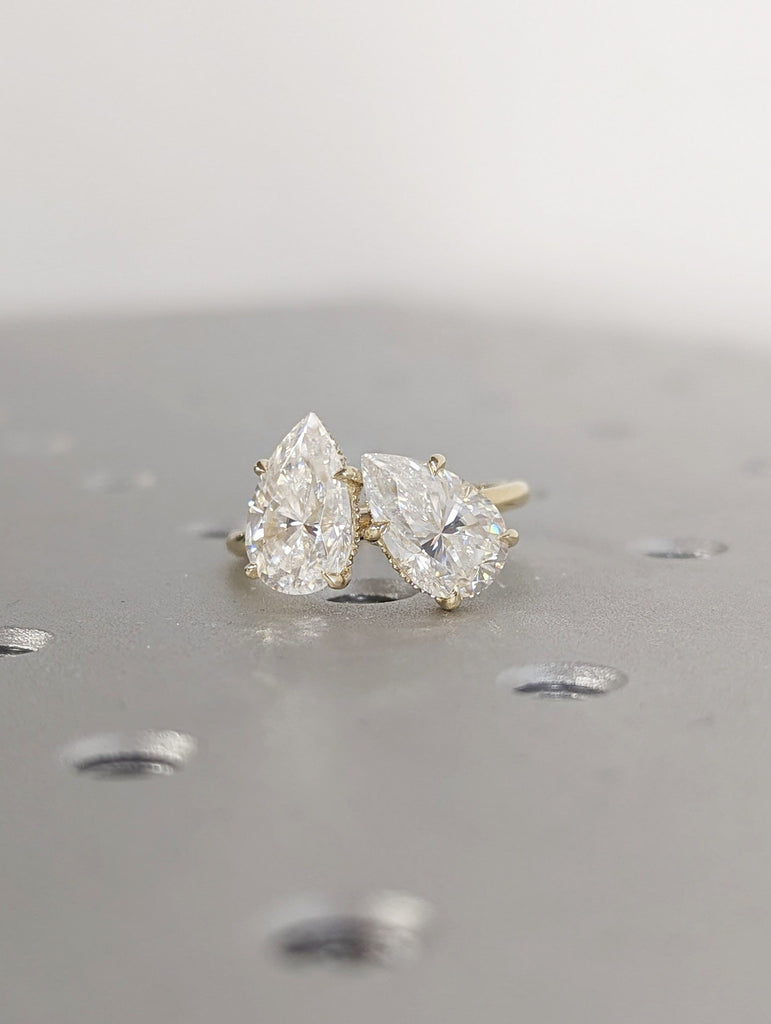 2.5 Carat Double Stone Engagement Ring Two Pear Cut Lab Diamond Two Stone Wedding Ring 14K/18K White Yellow Rose Black Gold Tot Et Moi Ring