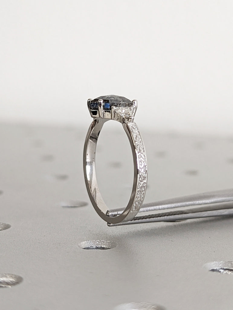 Raw Diamond Hexagon Triangle Diamond, Salt and Pepper, Plain Unique Bridal Engagement Set, Rose Cut Geometric Diamond Ring, Custom Handmade image #6