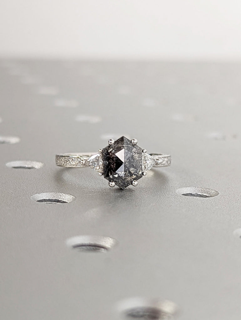 Raw Diamond Hexagon Triangle Diamond, Salt and Pepper, Plain Unique Bridal Engagement Set, Rose Cut Geometric Diamond Ring, Custom Handmade image #3