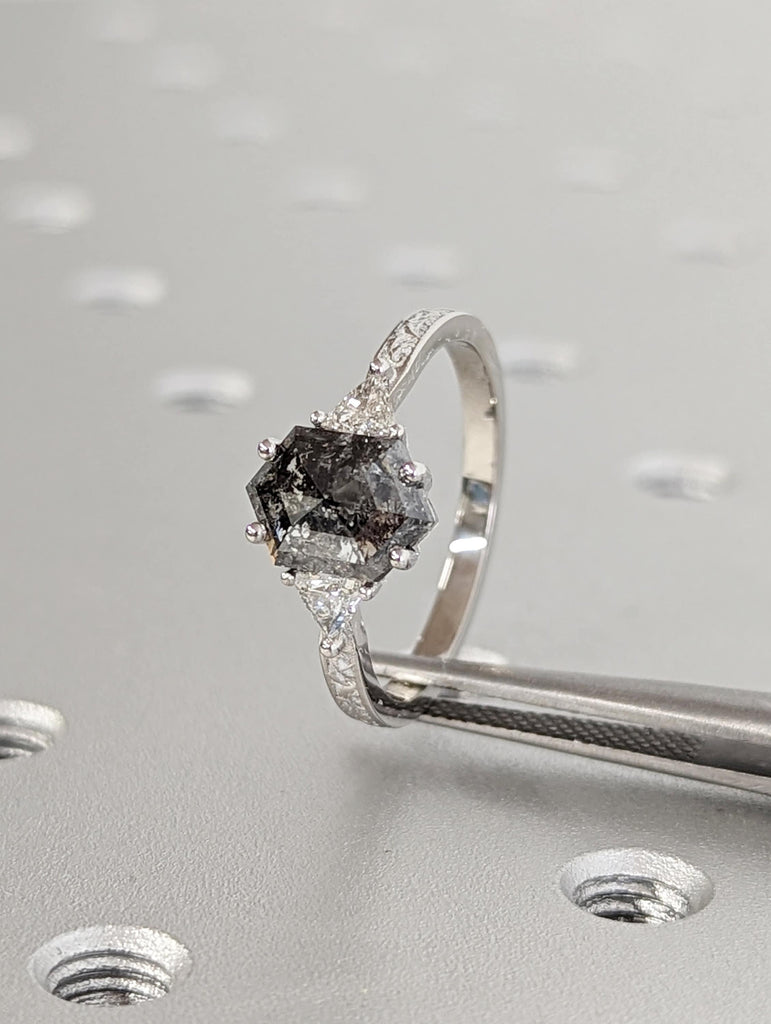 Raw Diamond Hexagon Triangle Diamond, Salt and Pepper, Plain Unique Bridal Engagement Set, Rose Cut Geometric Diamond Ring, Custom Handmade image #1