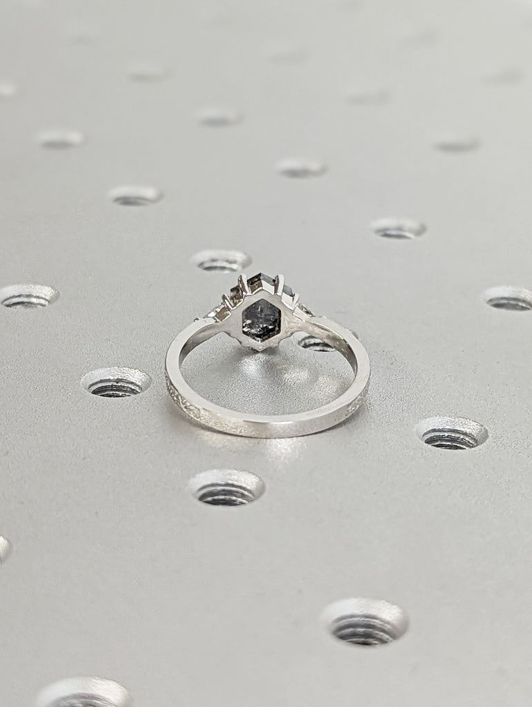 Raw Diamond Hexagon Triangle Diamond, Salt and Pepper, Plain Unique Bridal Engagement Set, Rose Cut Geometric Diamond Ring, Custom Handmade image #5