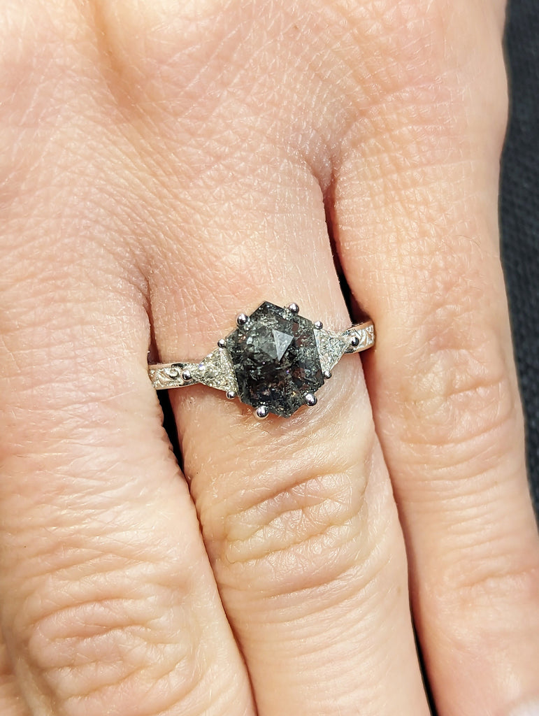 Raw Diamond Hexagon Triangle Diamond, Salt and Pepper, Plain Unique Bridal Engagement Set, Rose Cut Geometric Diamond Ring, Custom Handmade image #9