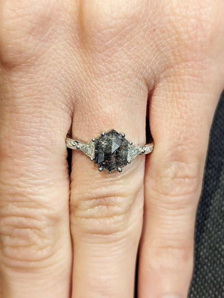 Raw Diamond Hexagon Triangle Diamond, Salt and Pepper, Plain Unique Bridal Engagement Set, Rose Cut Geometric Diamond Ring, Custom Handmade image #8