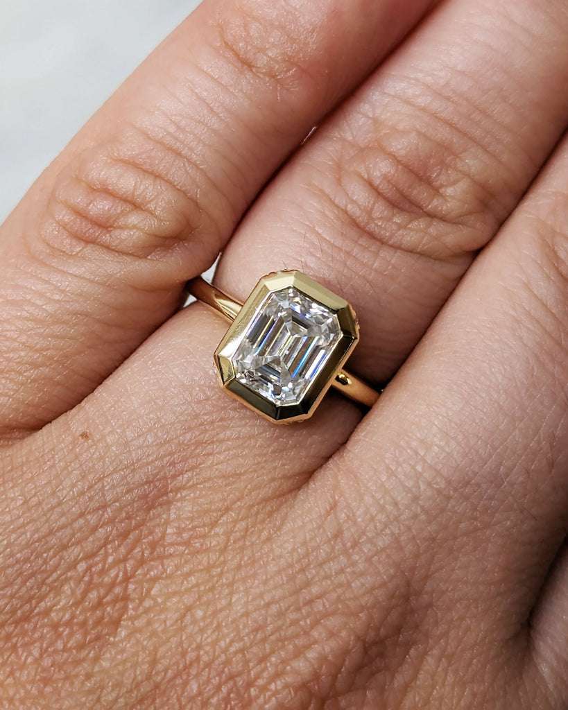 Elegant 1.5ct Emerald Cut Lab Diamond 14k Yellow Gold Engagement Ring | Diamond Hidden Halo Chunky Bezel Statement Ring | Gift For Her image #7
