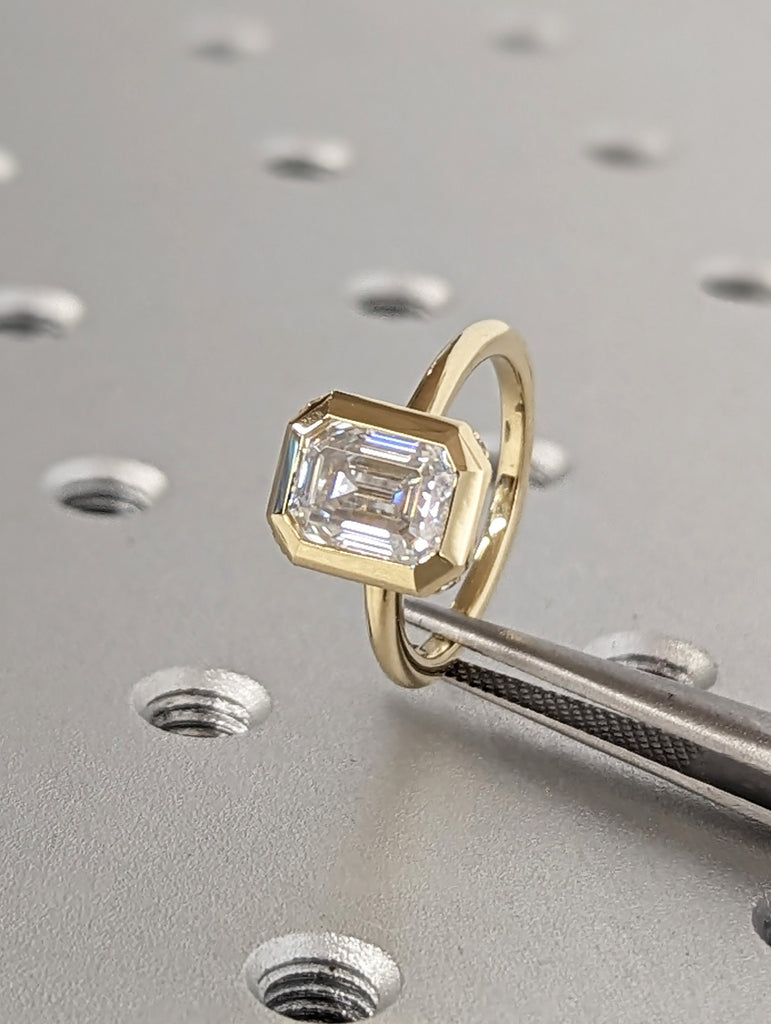Elegant 1.5ct Emerald Cut Lab Diamond 14k Yellow Gold Engagement Ring | Diamond Hidden Halo Chunky Bezel Statement Ring | Gift For Her image #8