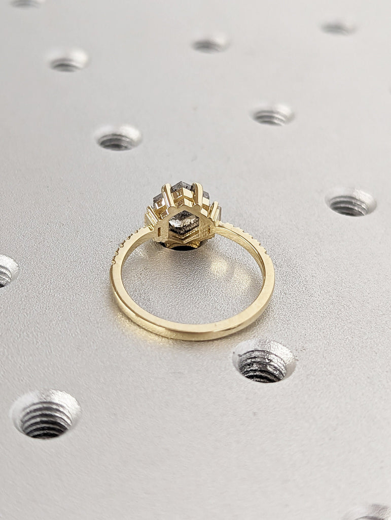 Raw Diamond Hexagon Baguette Diamond, Salt and Pepper, Unique Engagement Ring, Rose Cut Geometric Diamond Ring, 14k Gold, Custom Handmade