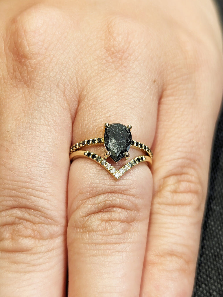 1.25 Carat 1920's Raw Salt and Pepper Diamond, Pear Diamond Ring, Unique Engagement Bridal Set, Gray Pear, Black, Yellow, Rose, White Gold