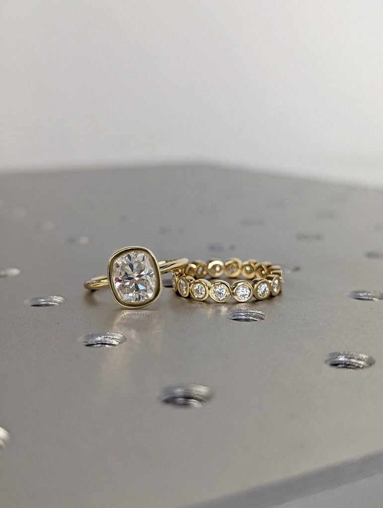 Unique Elongated Cushion Cut Moissanite Engagement Ring | Yellow Gold Long Cushion cut Moissanite Solitaire Ring | Bezel set Eternity Band Stacking Ring