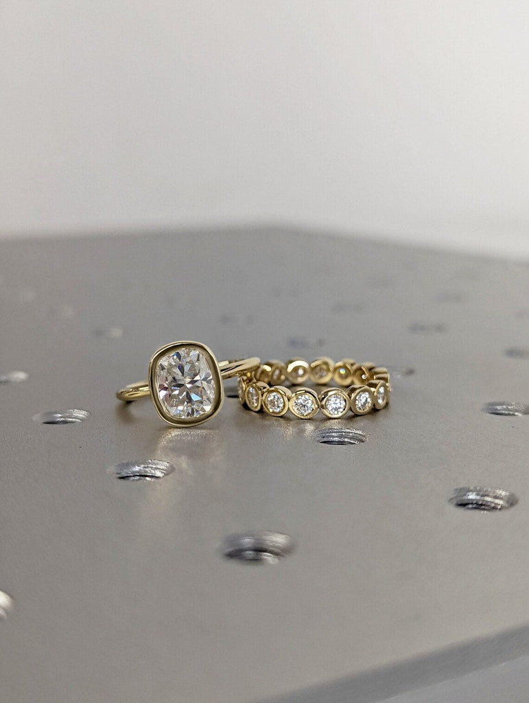 Unique Elongated Cushion Cut Moissanite Engagement Ring | Yellow Gold Long Cushion cut Moissanite Solitaire Ring | Bezel set Eternity Band Stacking Ring