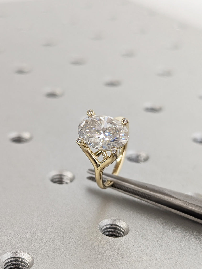 3ct Oval Moissanite 14K Yellow Gold Engagement Ring | Split Shank Promise Ring | Intertwined Basket 4 Prong Diamond Bezel Statement Ring image #4