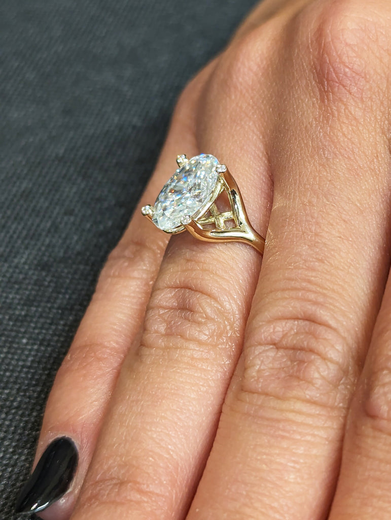 3ct Oval Moissanite 14K Yellow Gold Engagement Ring | Split Shank Promise Ring | Intertwined Basket 4 Prong Diamond Bezel Statement Ring image #9