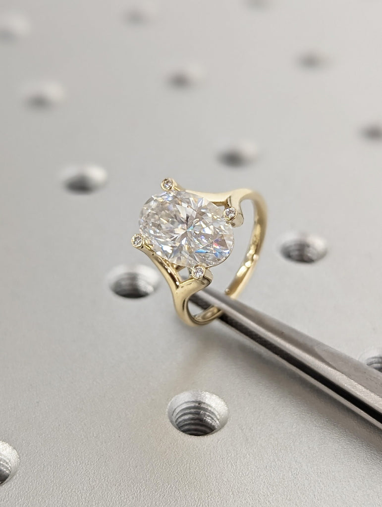 3ct Oval Moissanite 14K Yellow Gold Engagement Ring | Split Shank Promise Ring | Intertwined Basket 4 Prong Diamond Bezel Statement Ring image #6