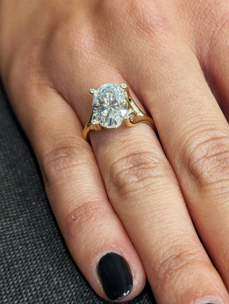 3ct Oval Moissanite 14K Yellow Gold Engagement Ring | Split Shank Promise Ring | Intertwined Basket 4 Prong Diamond Bezel Statement Ring image #10