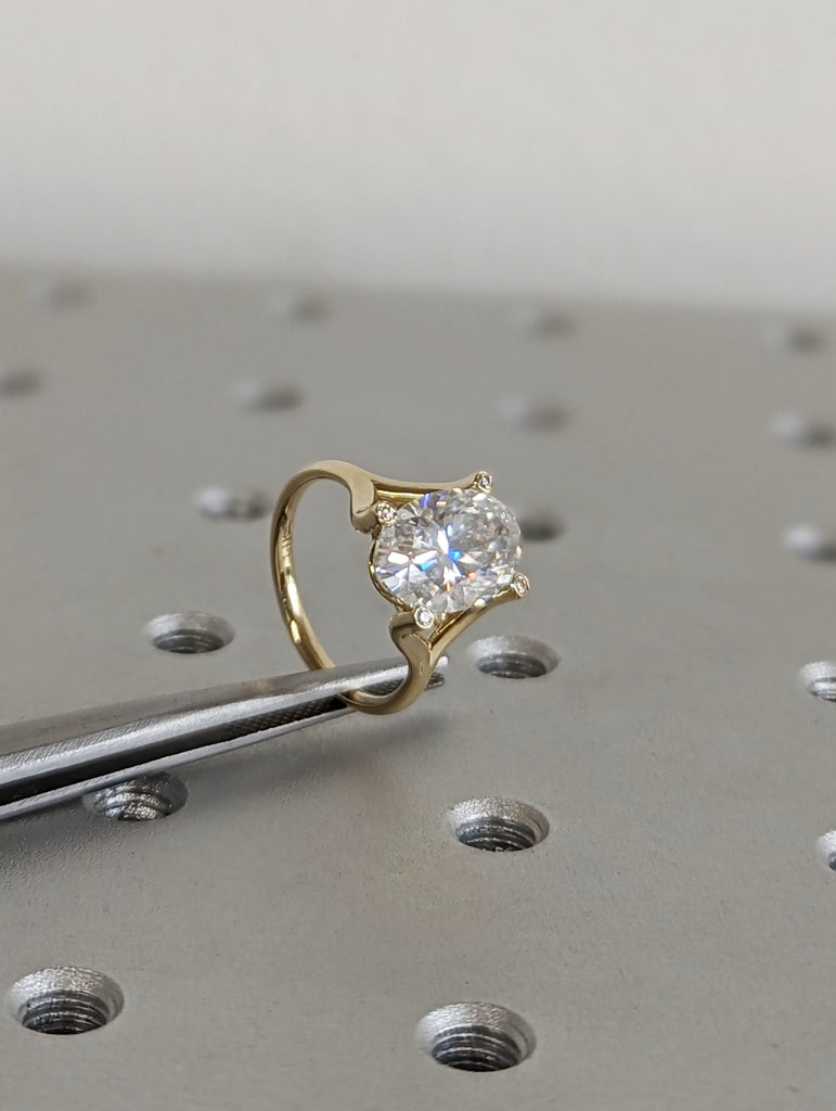 3ct Oval Moissanite 14K Yellow Gold Engagement Ring | Split Shank Promise Ring | Intertwined Basket 4 Prong Diamond Bezel Statement Ring image #5