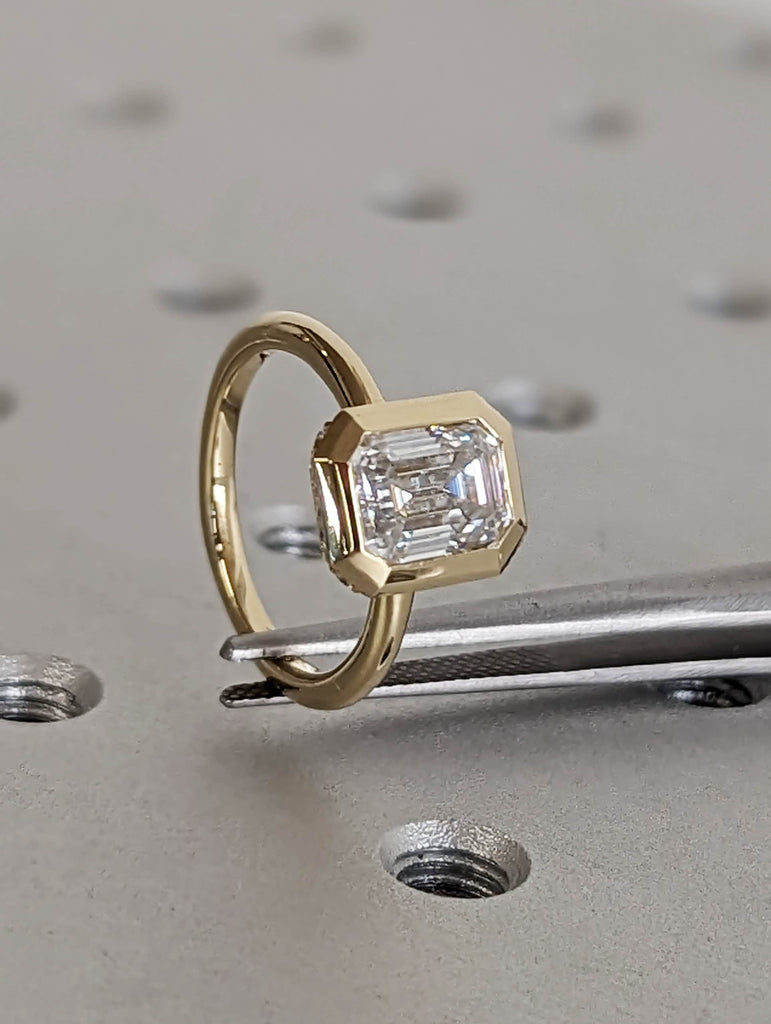 Chunky Bezel 1.5ct Emerald Cut Lab Diamond | 14K Yellow Gold Promise Ring | Diamond Hidden Halo Engagement Ring | Wedding Anniversary Gift image #3