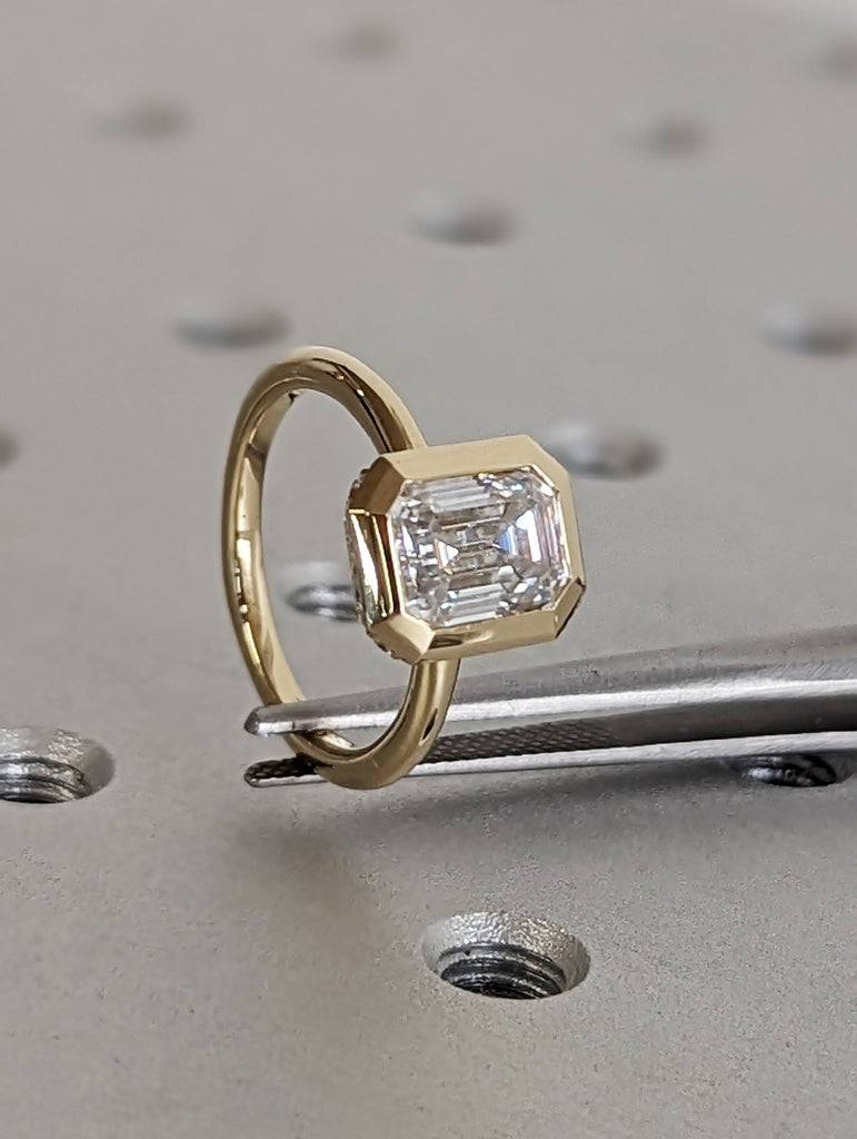 Elegant 1.5ct Emerald Cut Lab Diamond 14k Yellow Gold Engagement Ring | Diamond Hidden Halo Chunky Bezel Statement Ring | Gift For Her image #2